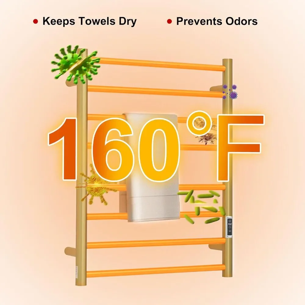 Gold Heated Towel Rack 8 Bar Wall Mounted Electric Warmer Timer Temp Control